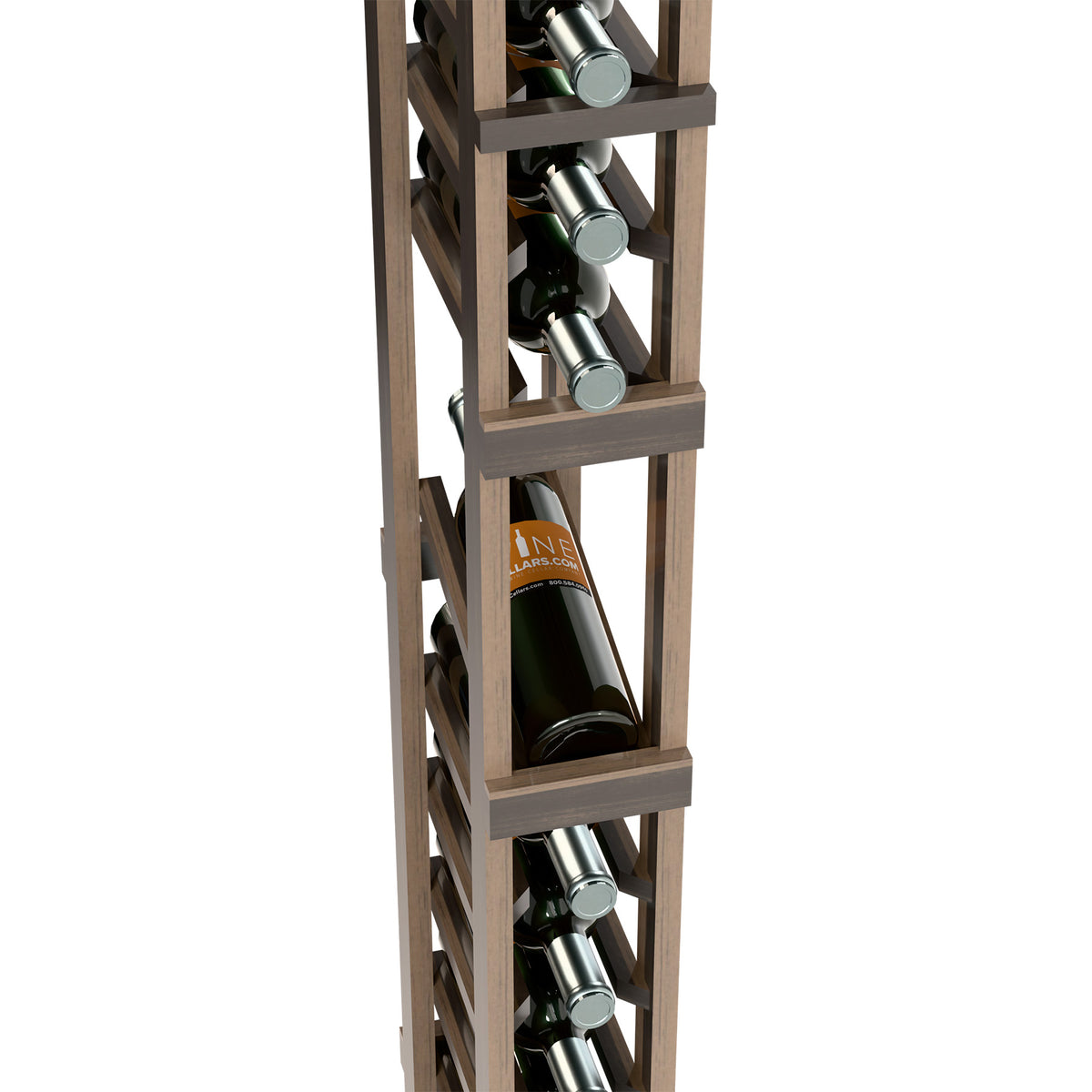 Close-up of dark wooden wine rack showing bottle slots and metal bottle supports