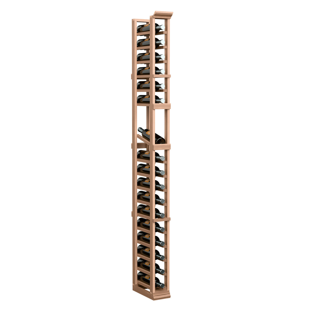 Tall 1-column wooden wine rack with light natural finish and angled bottle slots