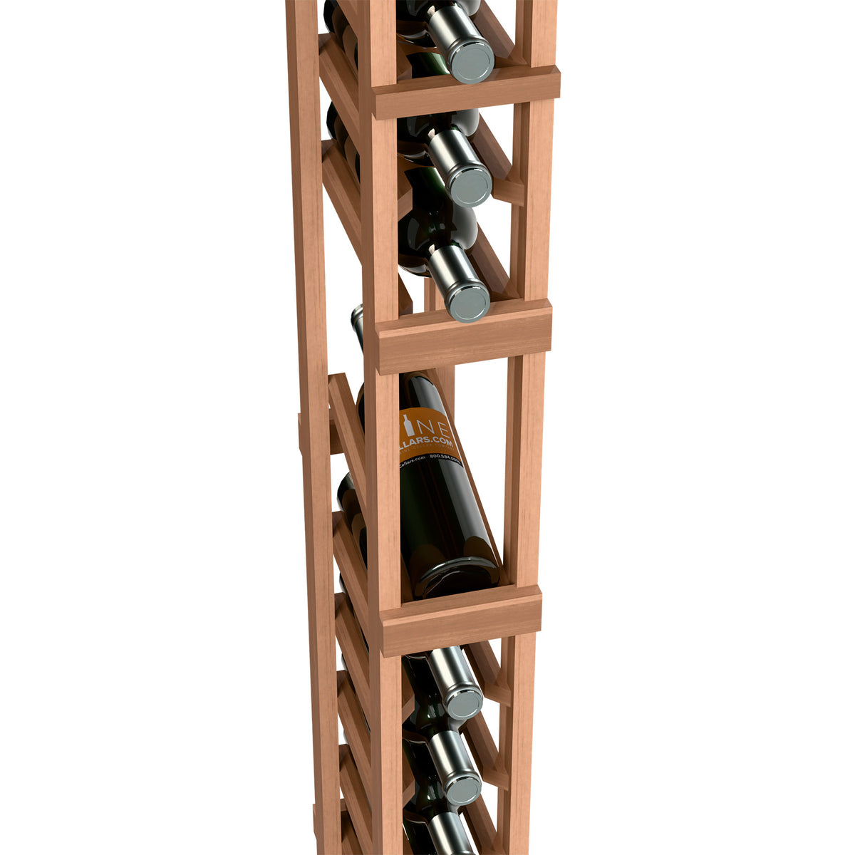 Close-up of light wood wine rack with bottle slots and silver metal bottle supports