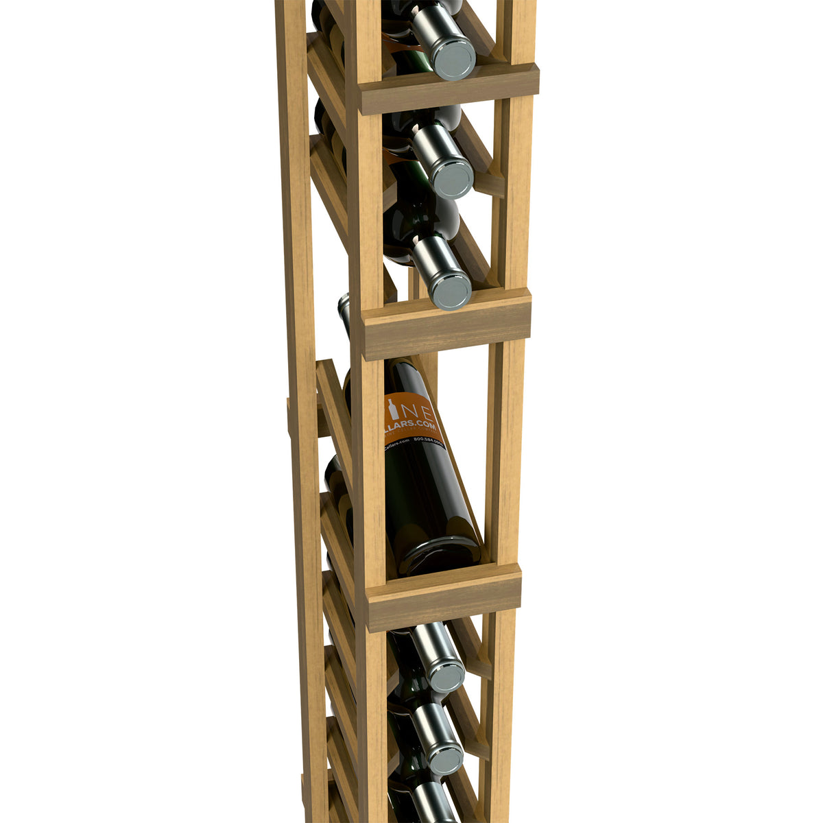 Close-up of light wood wine rack with bottle cradles on front shelf levels