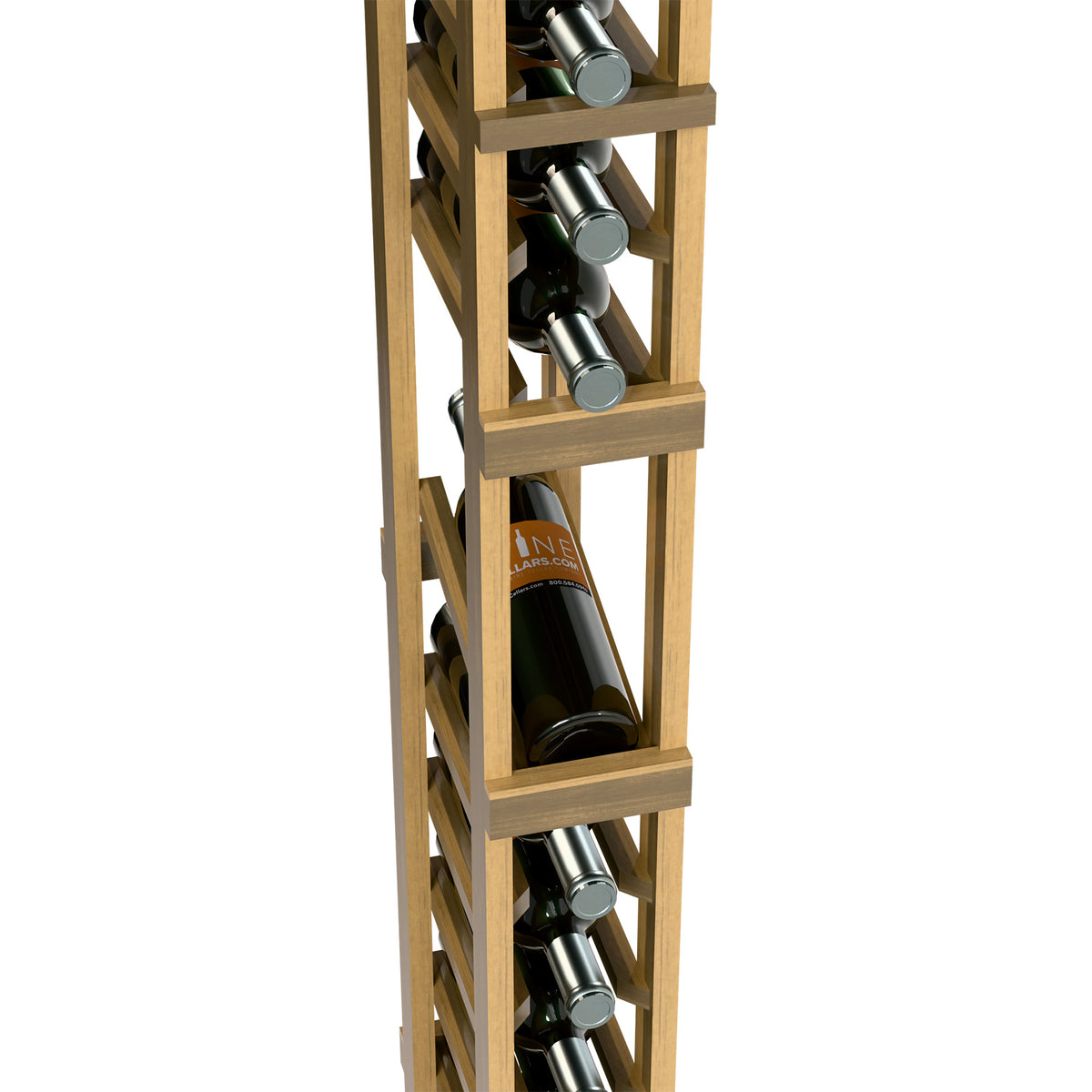 Light wood wine rack close-up with wine bottles seated in angled metal cradles