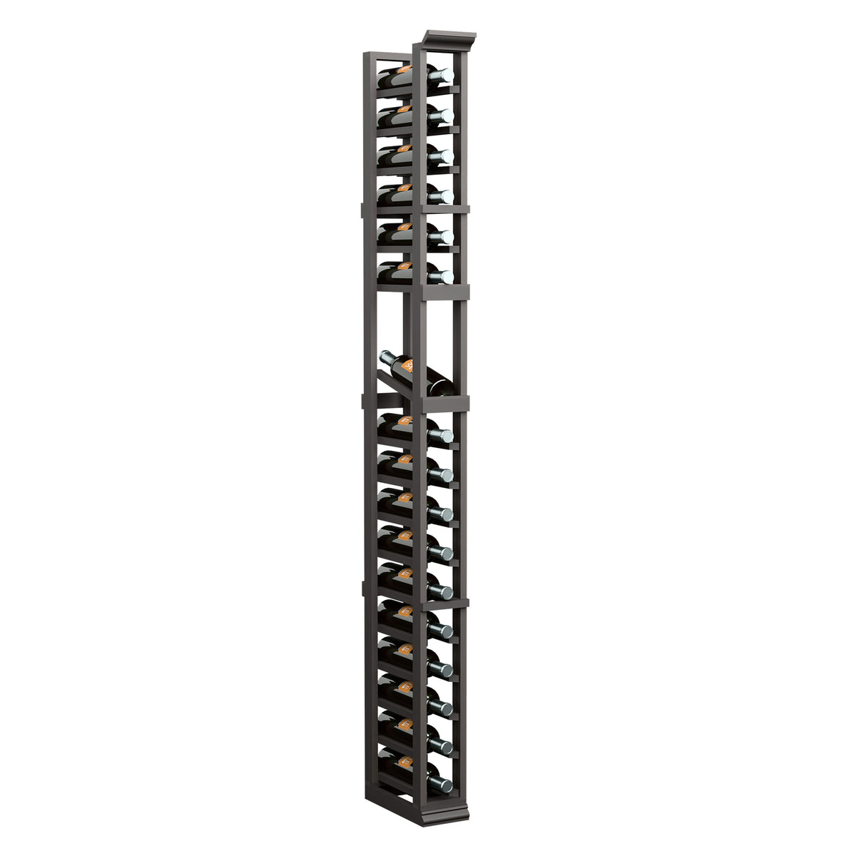 Tall 1-column wooden wine display rack in dark finish with angled bottle holders