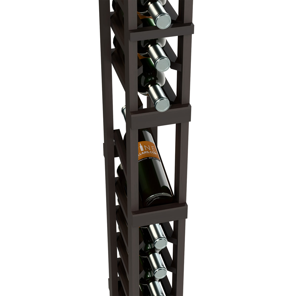 Dark wood wine rack detail showing bottle cradles and front shelf row