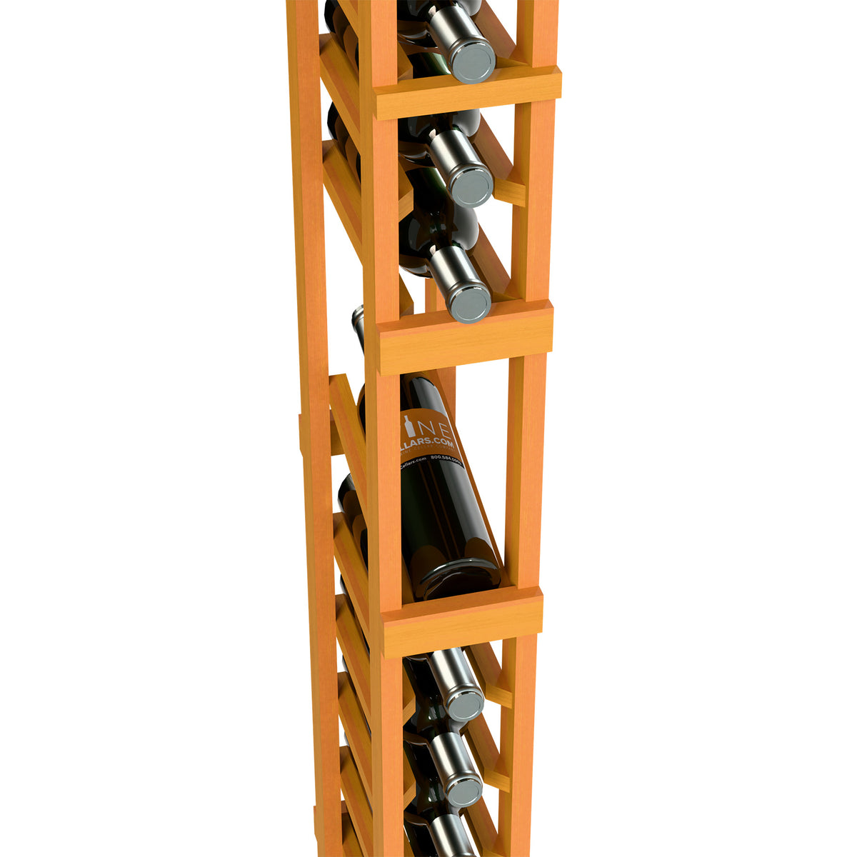 Light wood wine bottle rack detail with bottles stored in open cubby shelves