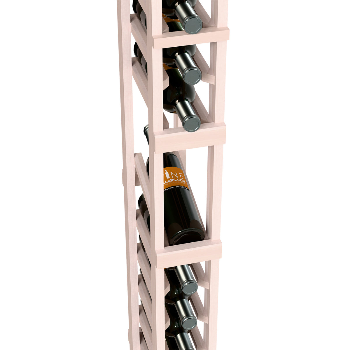 White wood wine bottle rack close-up with bottles in angled horizontal holders