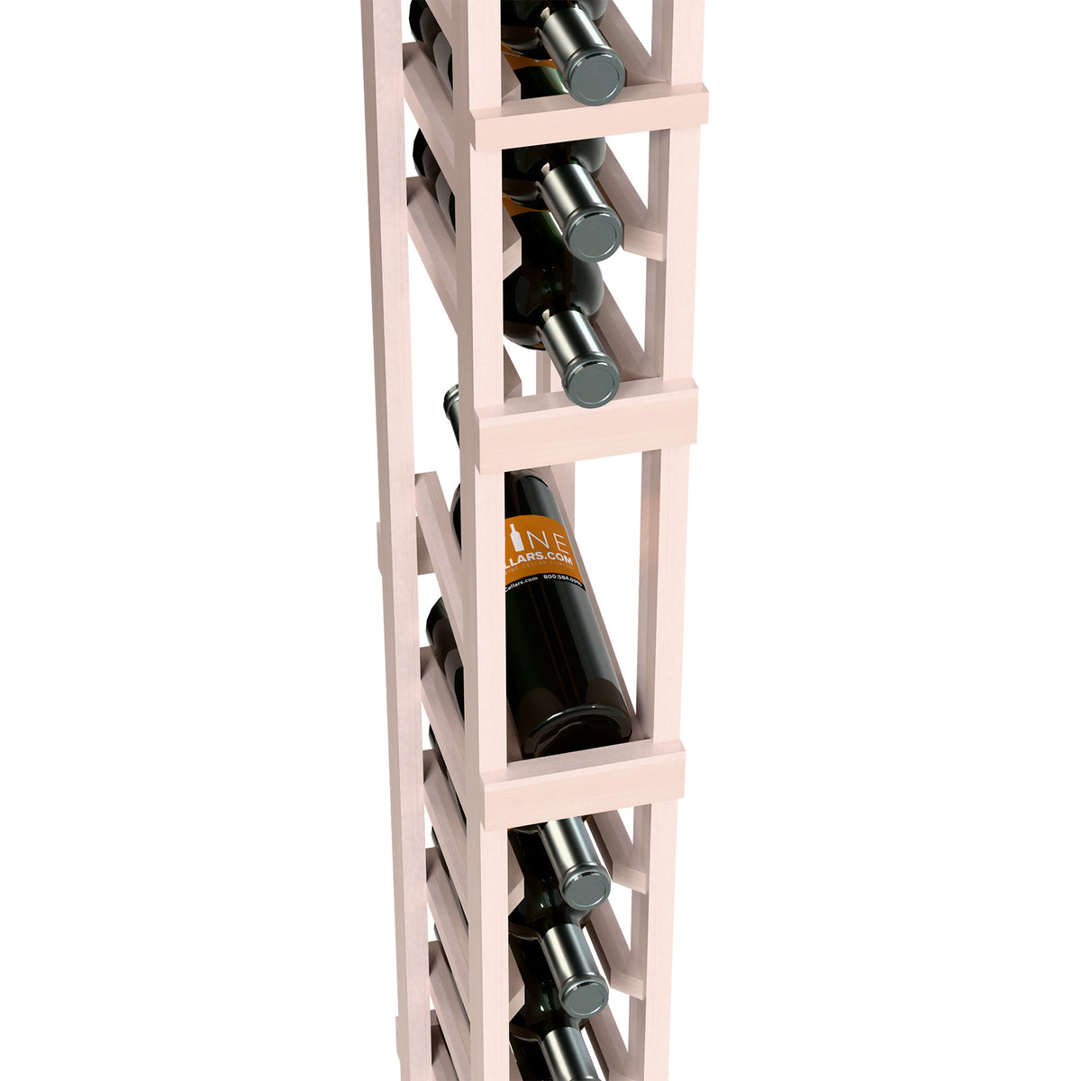 White wood wine bottle rack detail with bottles placed in open cubby shelves
