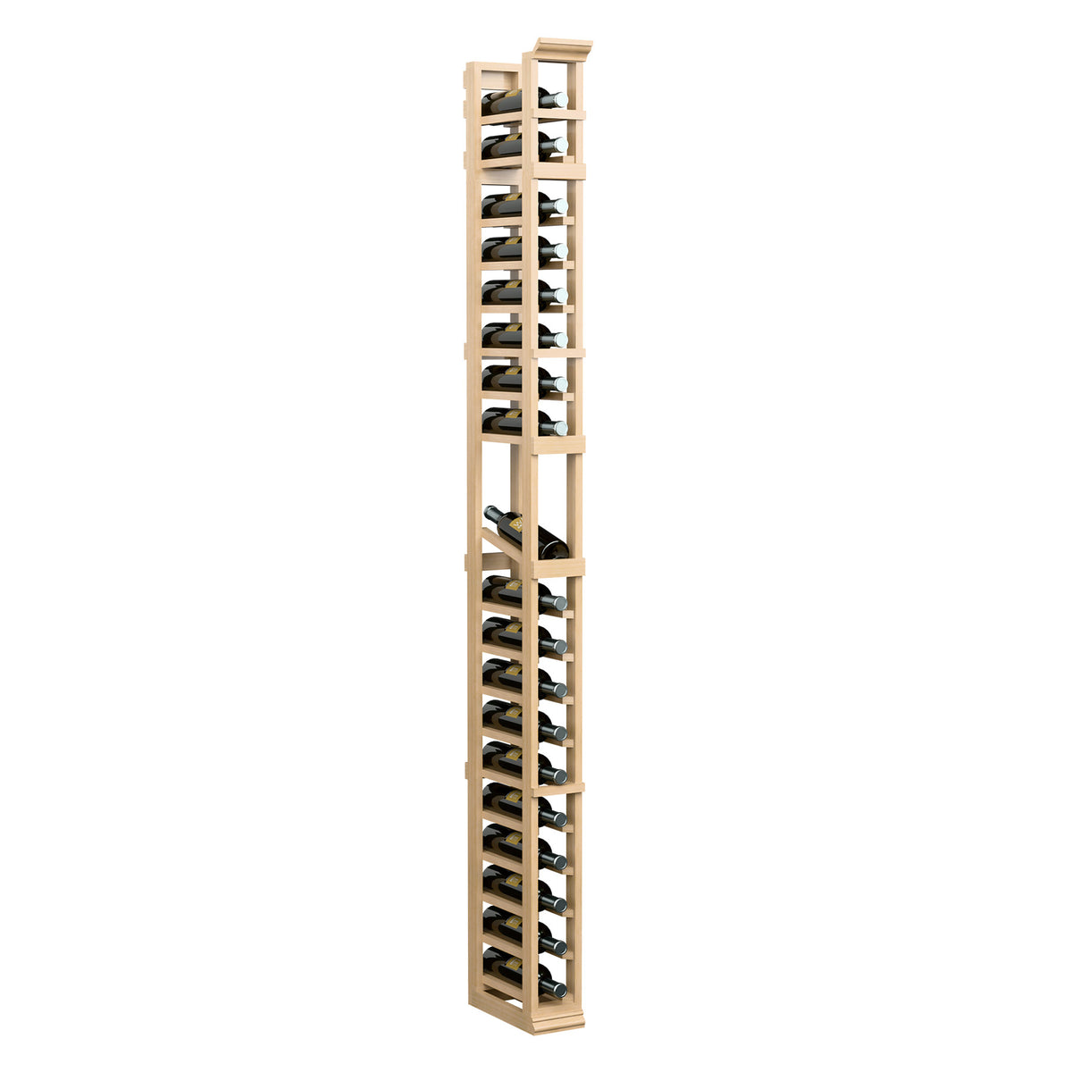 1-column bottle display rack, tall vertical unit with light wood frame and metal supports