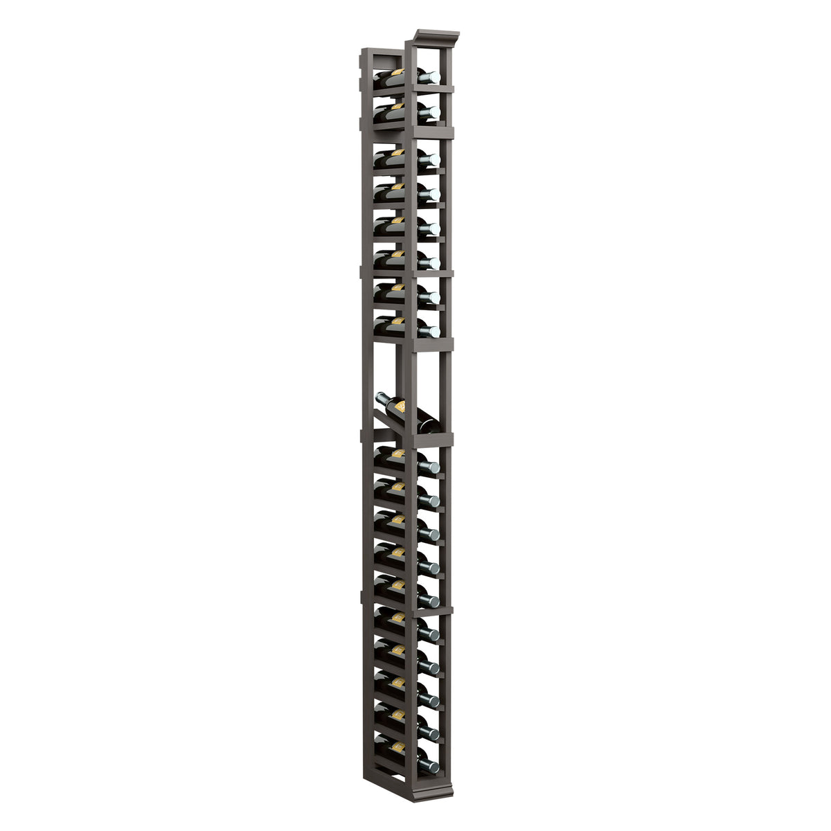 7-ft one-column wine display rack with open bottle slots and metal supports, dark stained wood