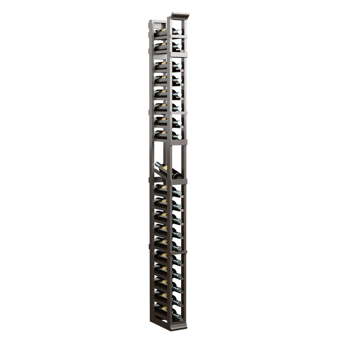 Dark 1-column display rack with stacked metal supports and empty bottle slots, 7 ft tall
