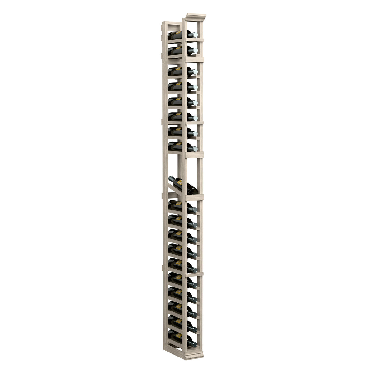 7-ft one-column wine display rack with open bottle slots and metal supports, gray-stained wood