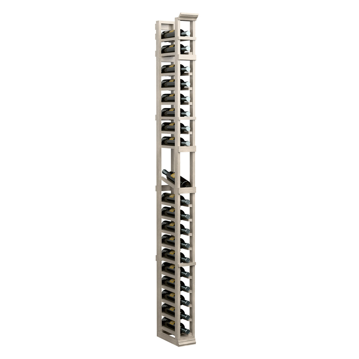 Natural 1-column display rack with light wood frame and metal bottle slots, 7 ft tall
