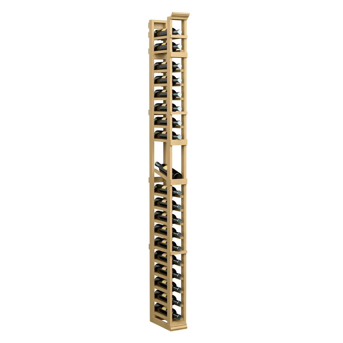 Tall 1-column bottle display rack with wooden frame and metal cradles, light golden wood finish