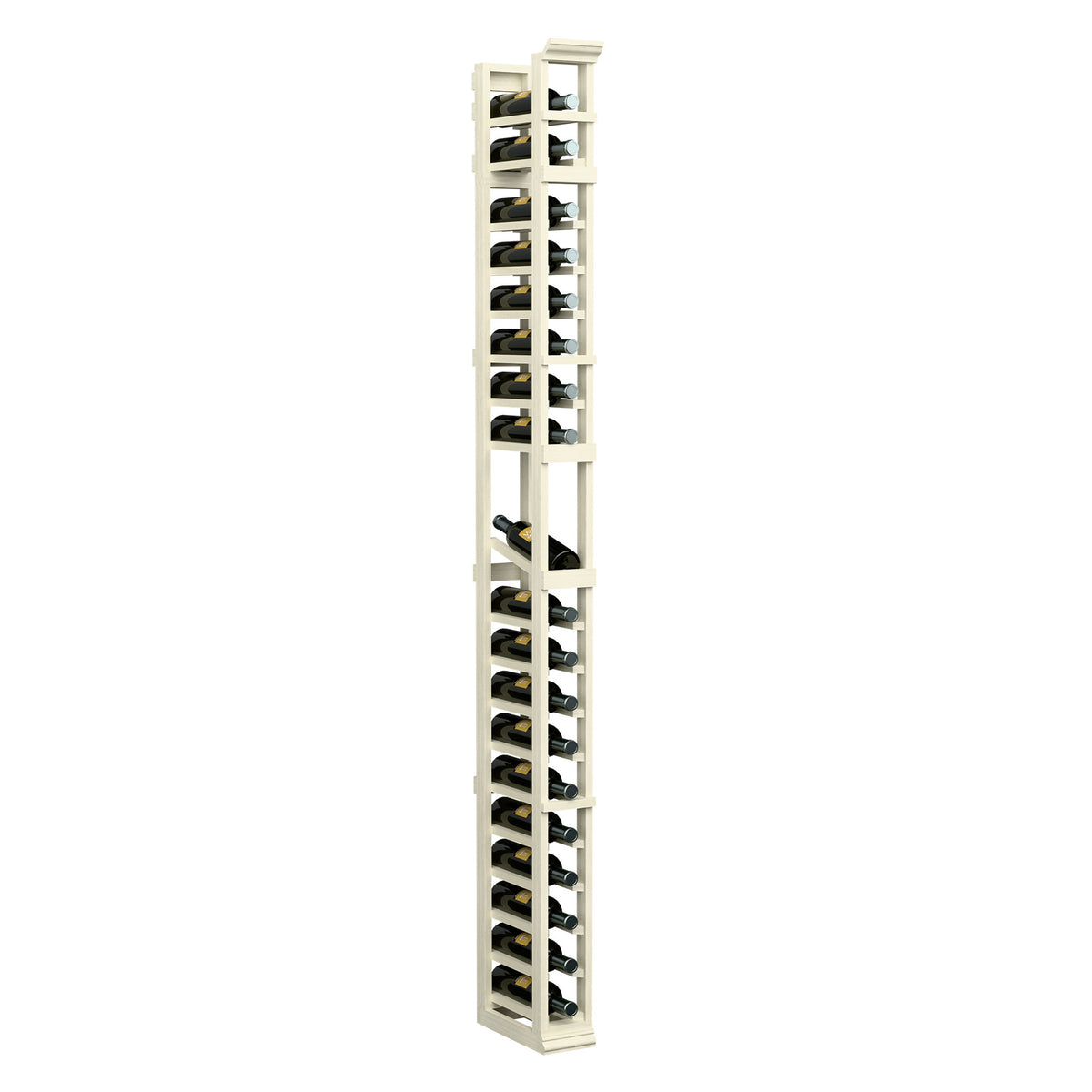 1-column bottle display rack, tall vertical unit with whitewashed frame and metal supports