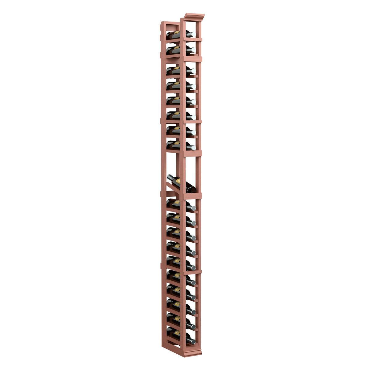 1-column bottle display rack, tall vertical unit with reddish wood frame and metal supports