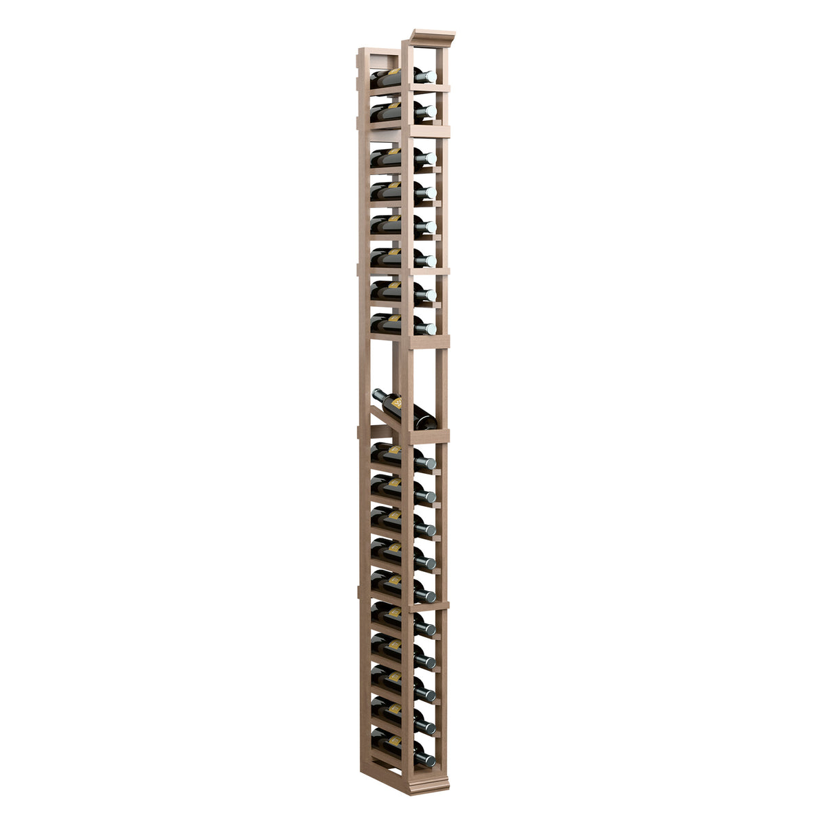 Tall 1-column bottle display rack with wooden frame and metal cradles, light natural wood finish