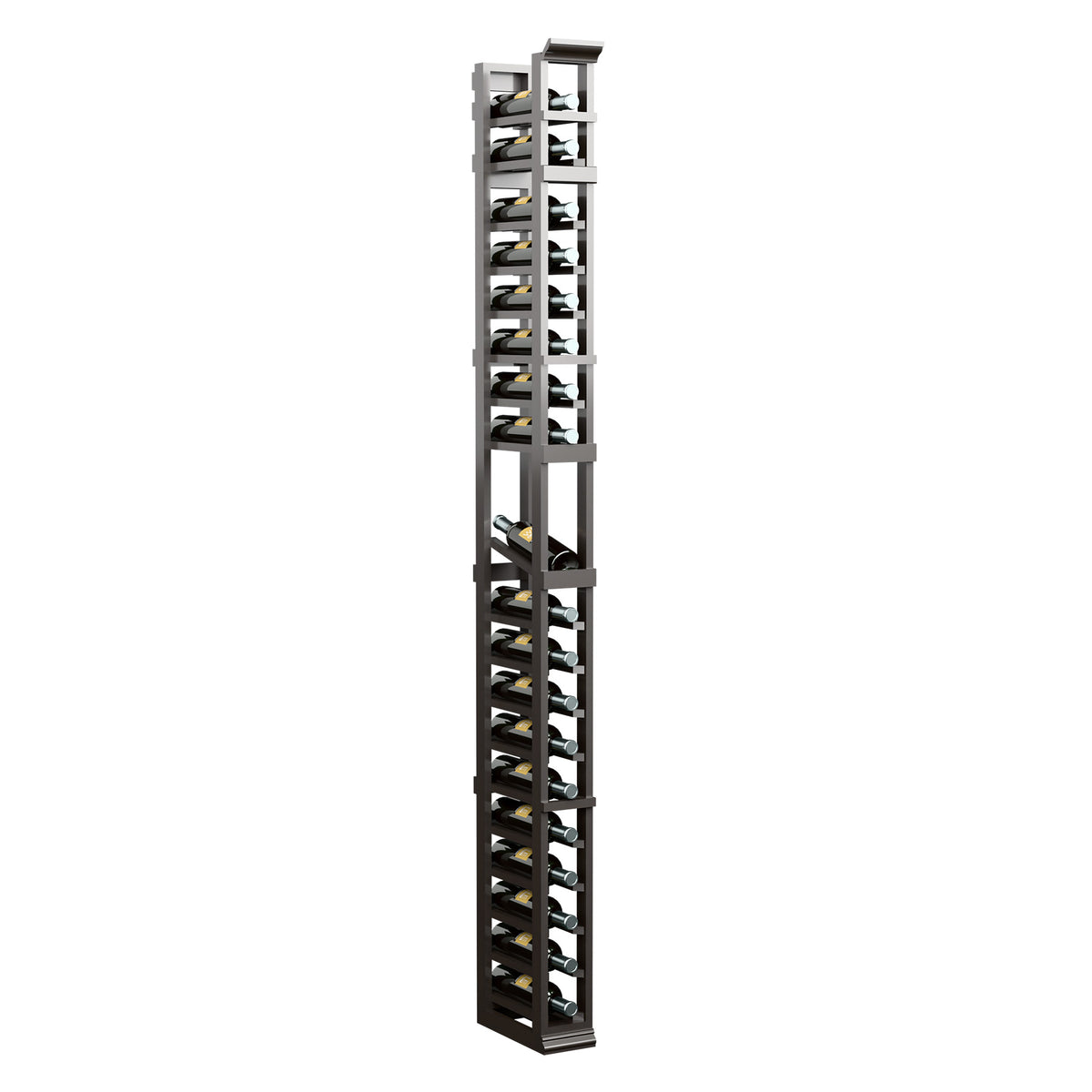 Bottle display rack, tall vertical 1-column design with open shelves, dark wood frame