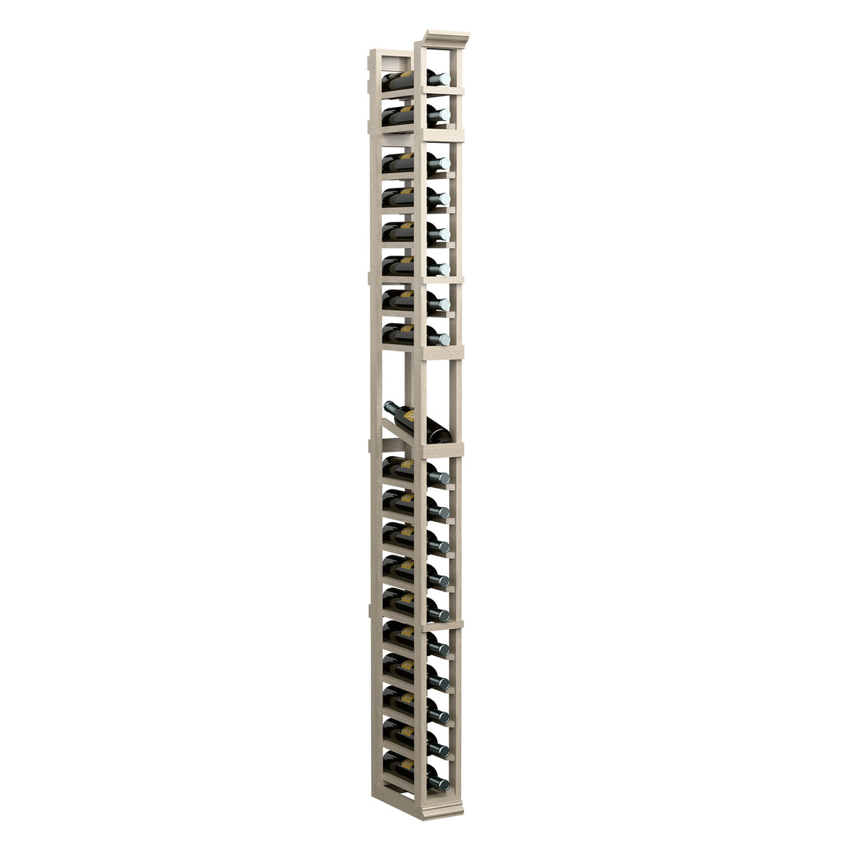 Tall 1-column bottle display rack with wooden frame and metal cradles, white-washed finish
