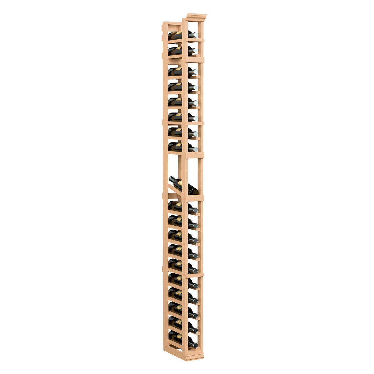 1-column bottle display rack, light wood frame with open metal bottle holders