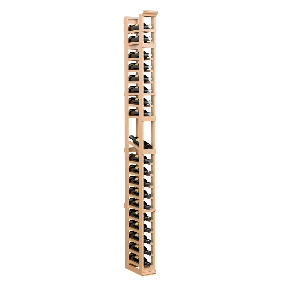 1-column bottle display rack, light wood frame with open metal bottle holders