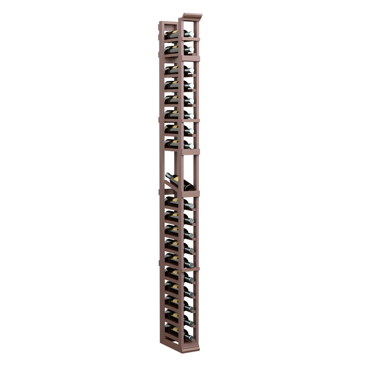 Brown 1-column display rack with wood frame and metal bottle slots, 7 ft tall