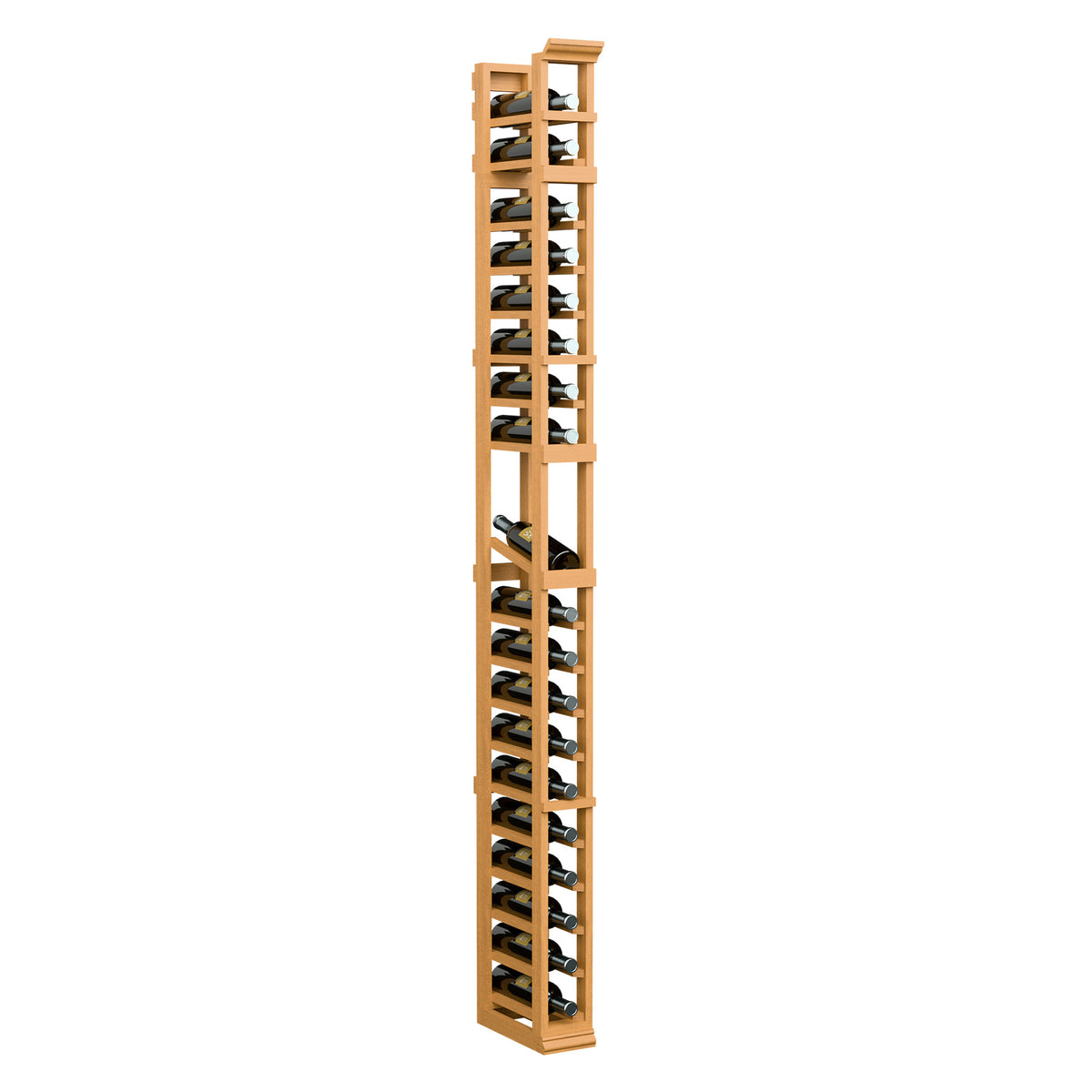 7-ft one-column wine display rack with open bottle slots and metal supports, light wood tone