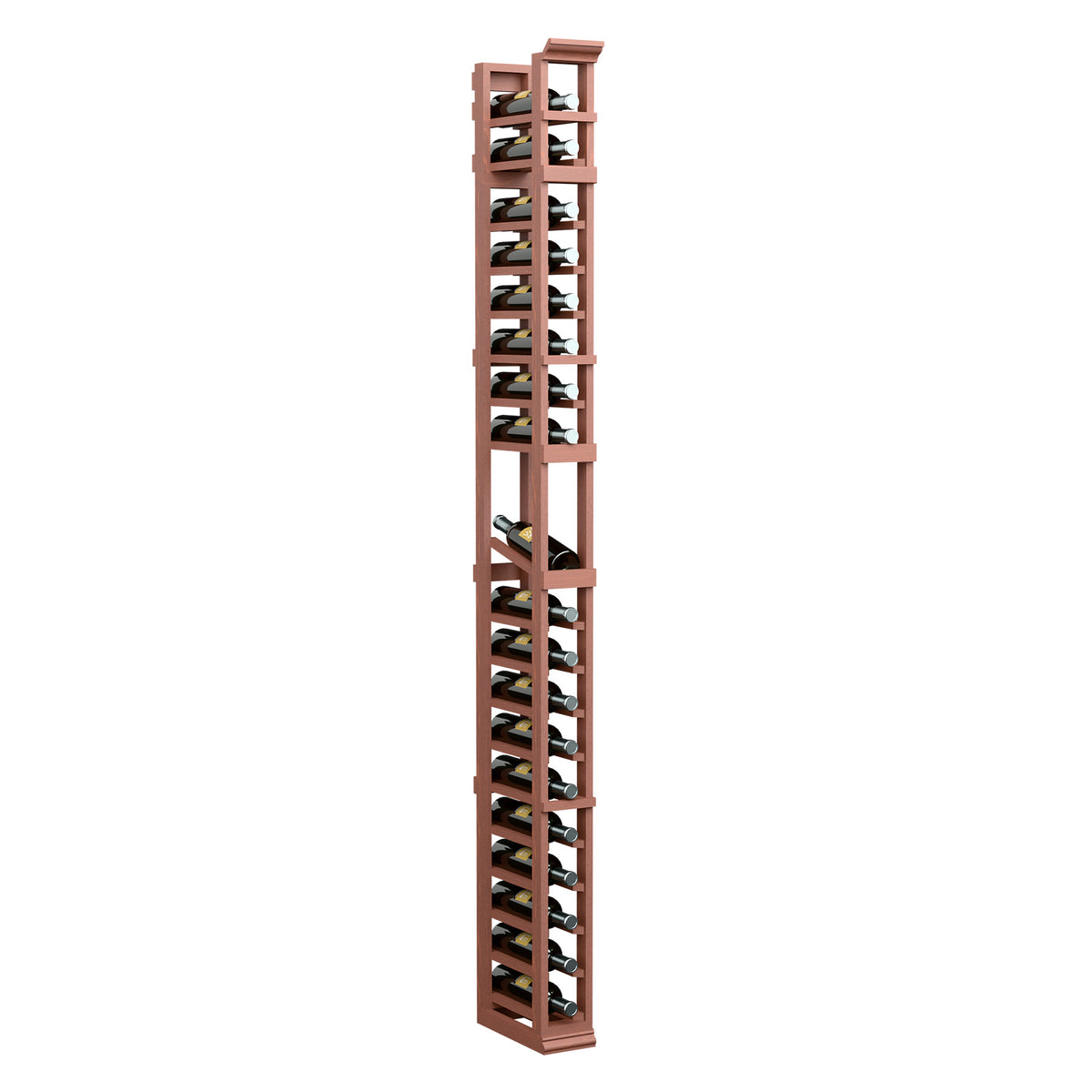 7-ft one-column wine display rack with open bottle slots and metal supports, reddish wood finish
