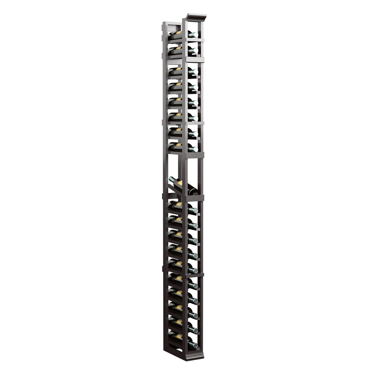Tall 1-column bottle display rack with wooden frame and metal cradles, dark brown finish