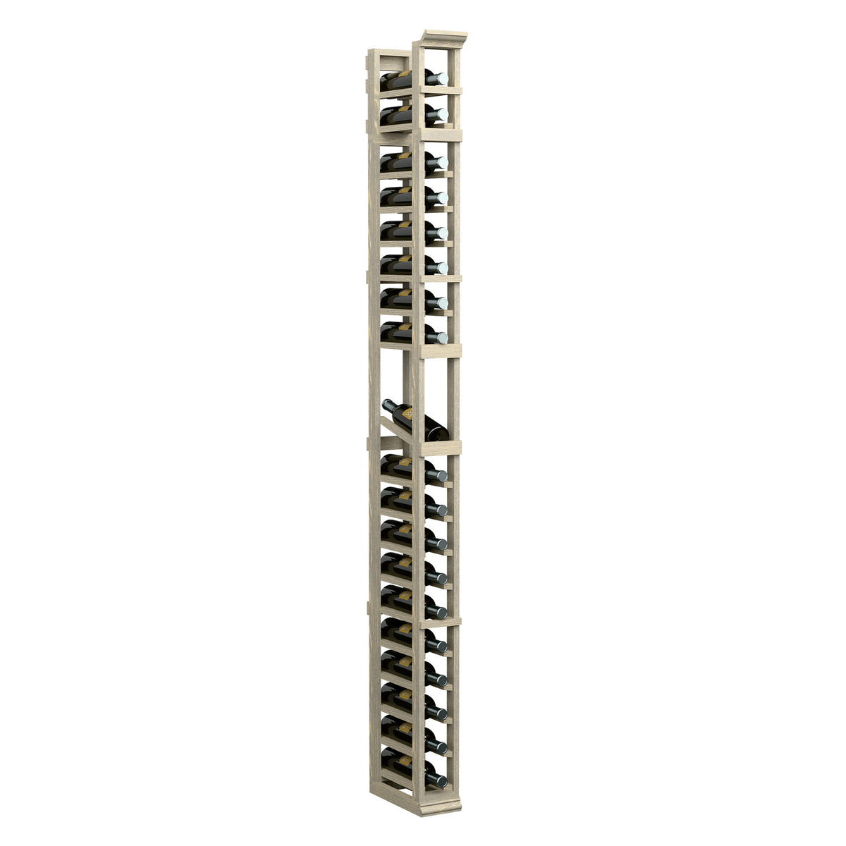 1-column bottle display rack, light grey wood frame with open metal bottle holders