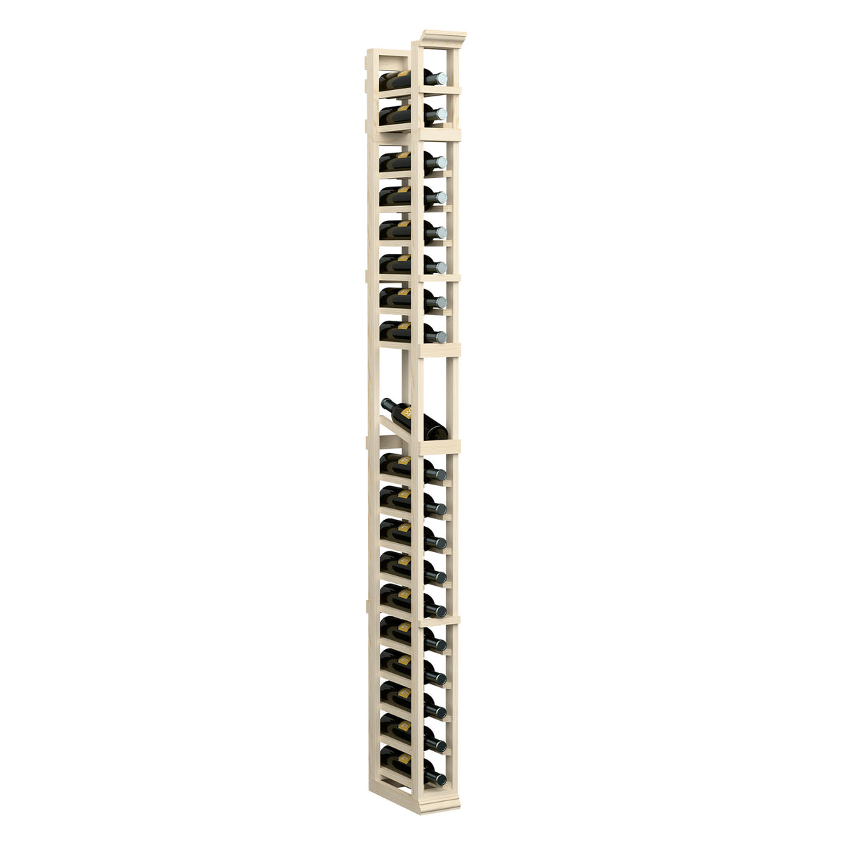 7-ft one-column wine display rack with open bottle slots and metal supports, white-washed wood