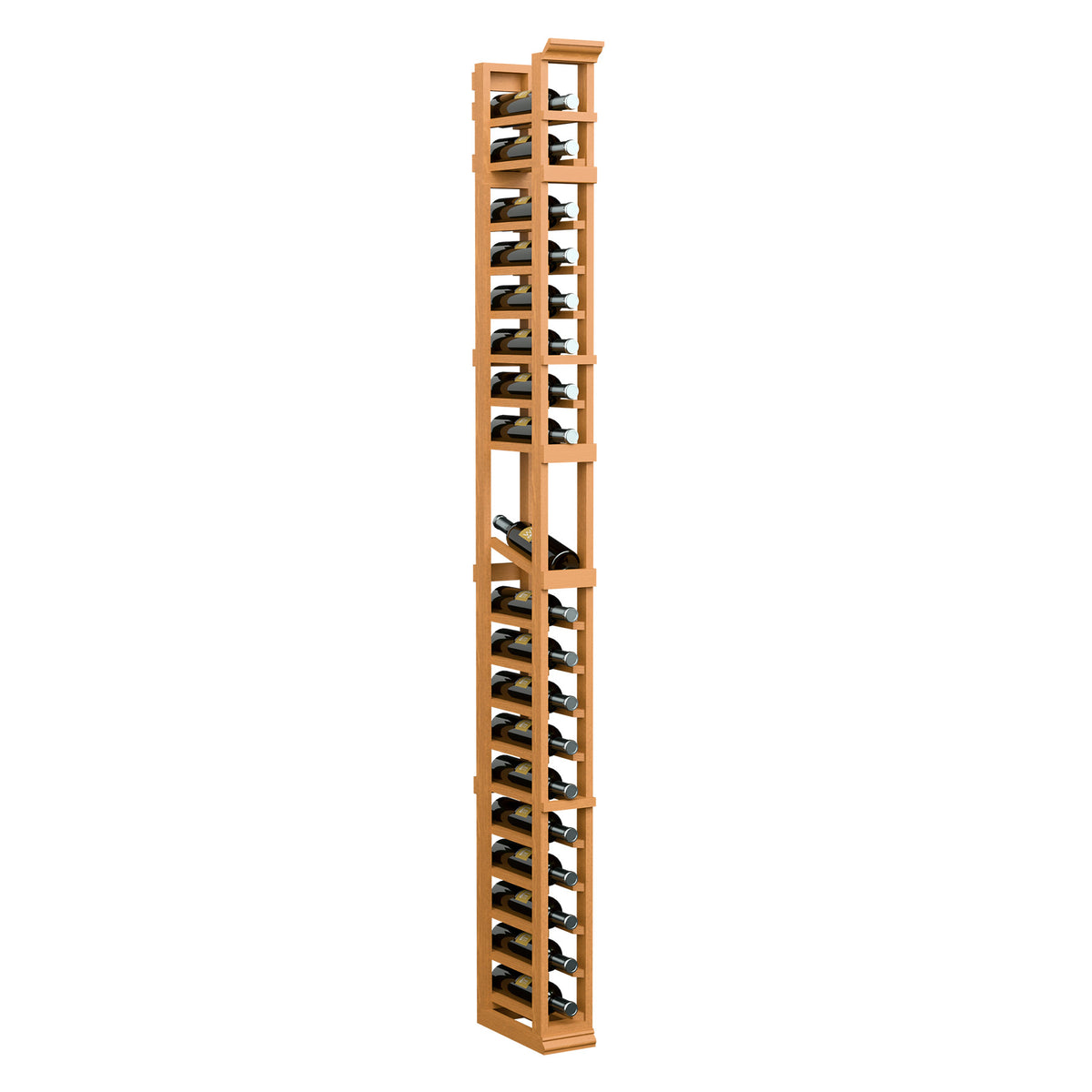 7-ft one-column wine display rack with open bottle slots and metal supports, honey-toned wood