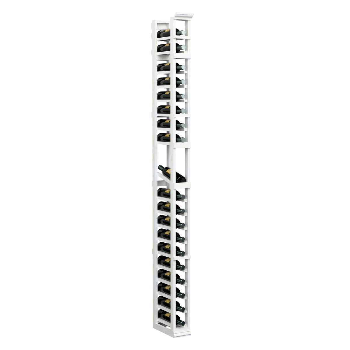 Bottle display rack, tall vertical 1-column design with open shelves, white wood frame