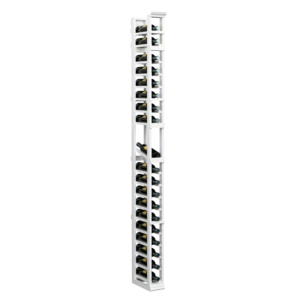 Bottle display rack, tall vertical 1-column design with open shelves, white wood frame