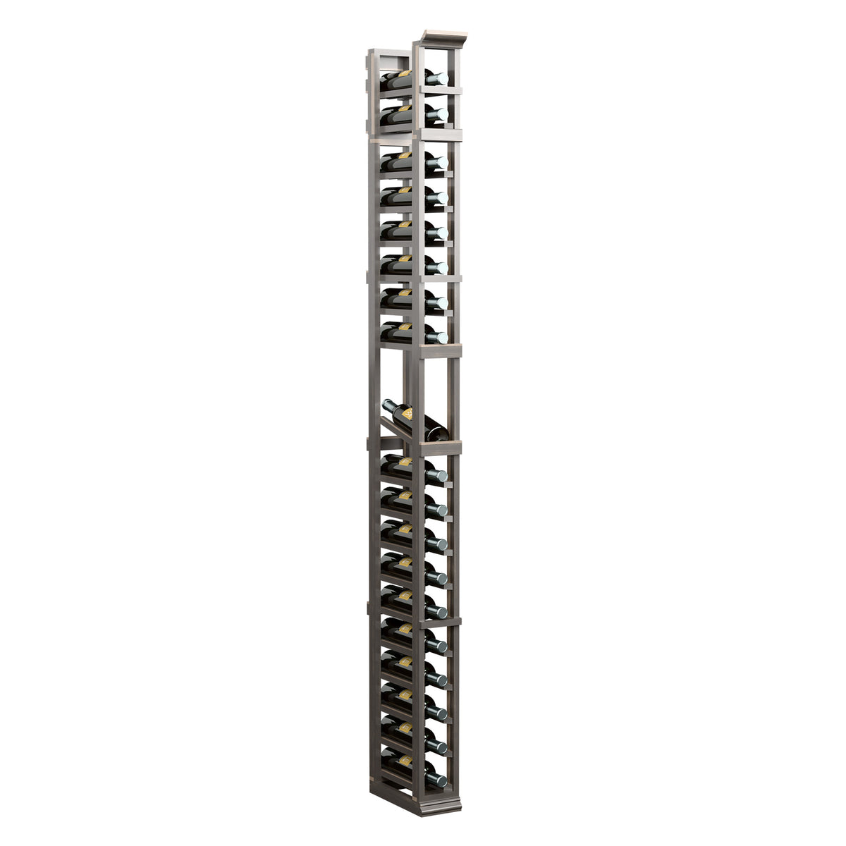 Bottle display rack, tall vertical 1-column design with open shelves, dark wood frame