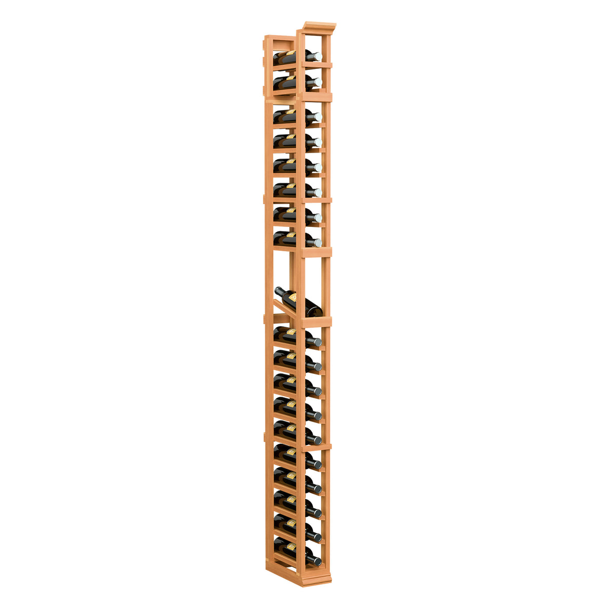 1-column bottle display rack, warm light wood frame with open metal bottle holders