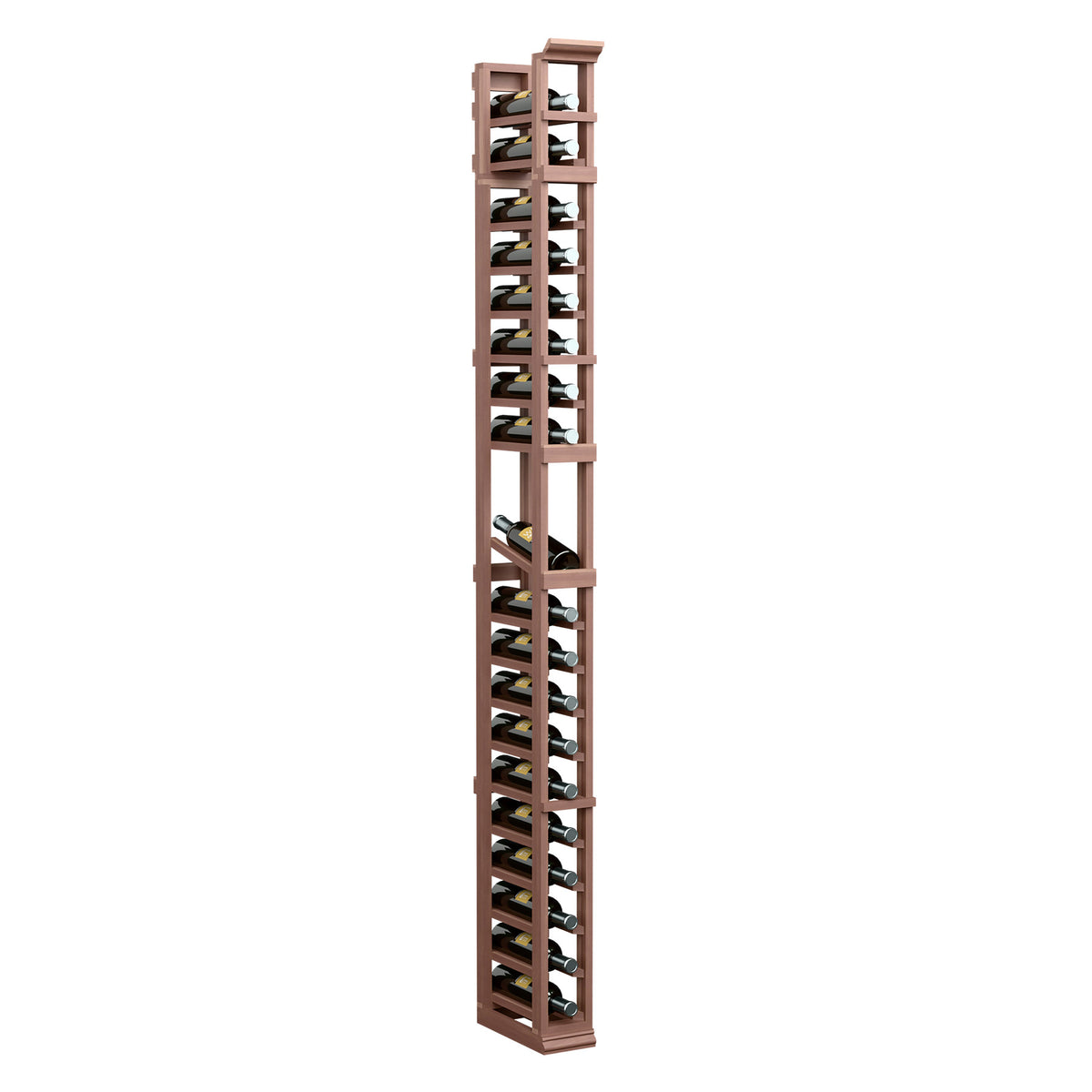 1-column bottle display rack, tall vertical unit with red-brown wood frame and metal supports