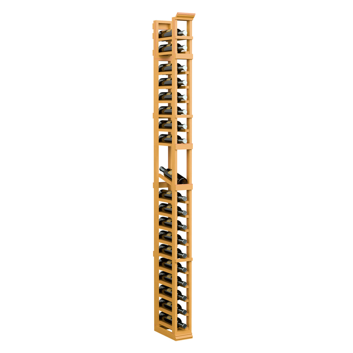 Warm wood 1-column bottle display rack with multi-level curved bottle holders