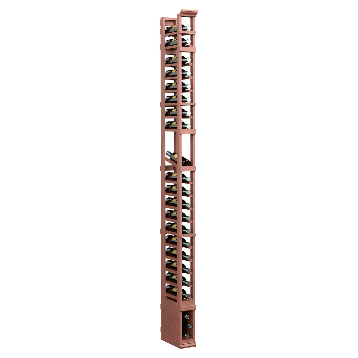 1-column wood display rack, 8 ft, warm reddish wood with open shelves