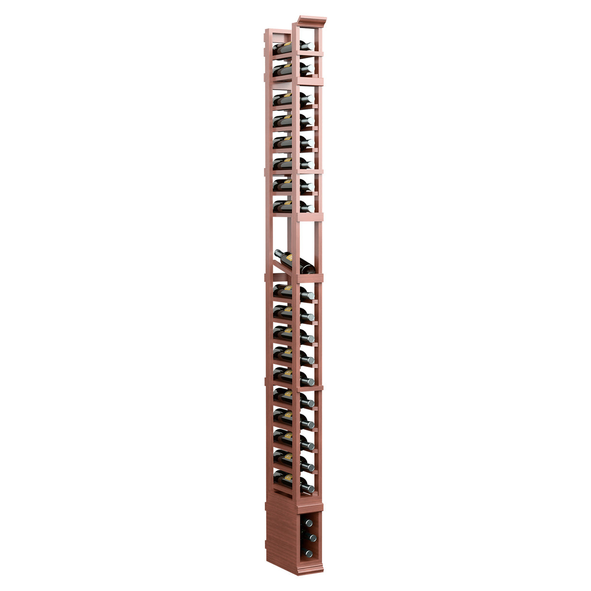 1-column wood display rack, 8 ft, reddish frame with multi-tier open shelving