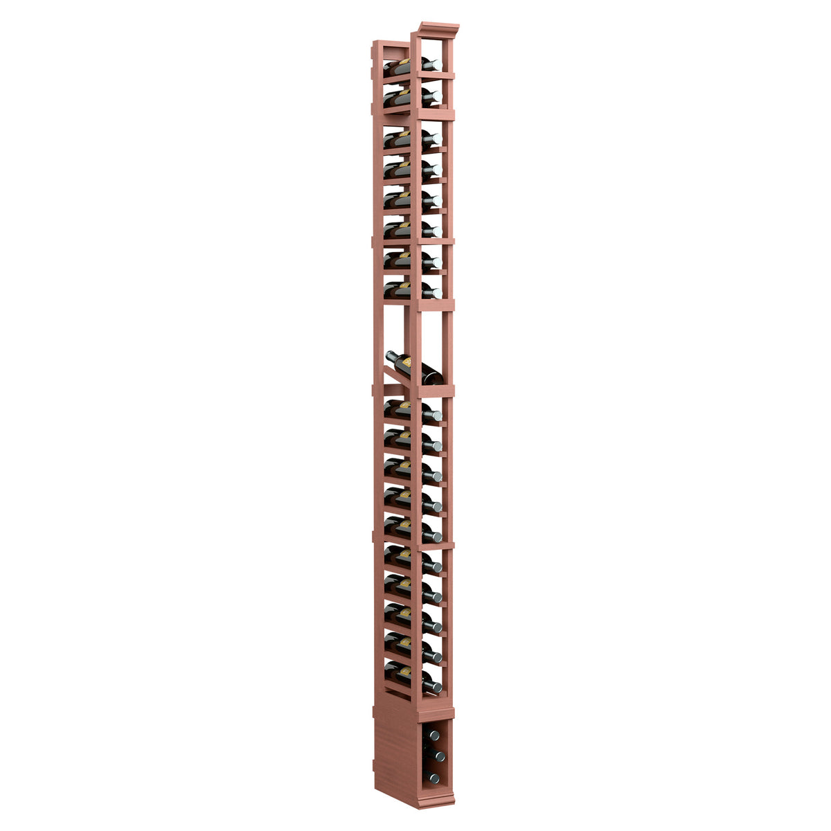 8FT single-column display rack with slanted slots, reddish wood frame and base