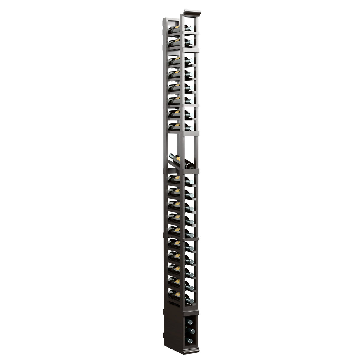 8FT single-column display rack with slanted slots, dark metal frame and base, front view