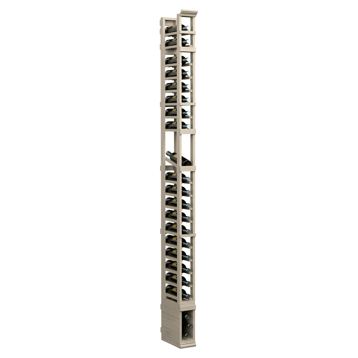 8-ft 1-column wood wine bottle display rack with black angled slots and end panel hardware