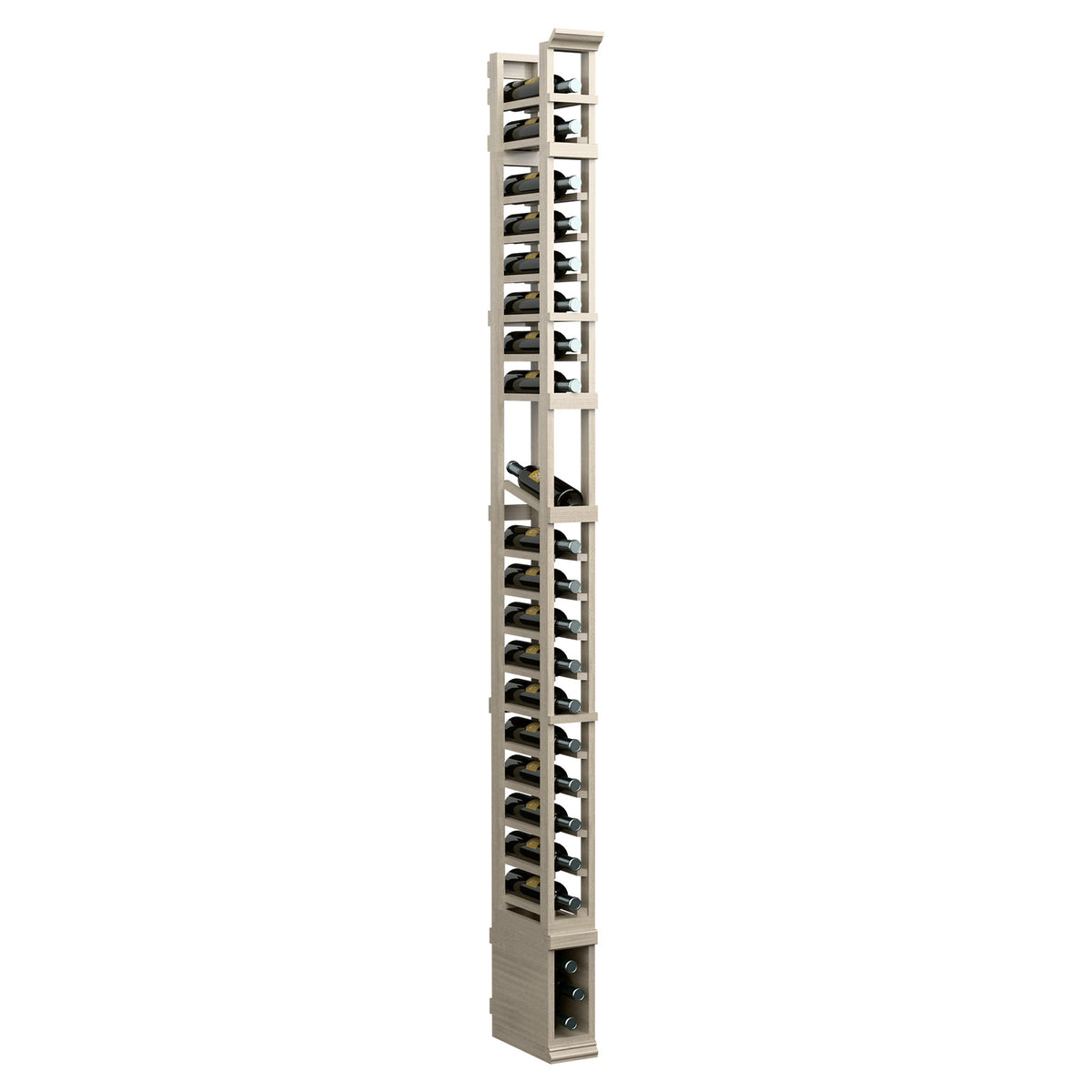 8-ft 1-column wood wine bottle display rack, light whitewashed finish with black bottle supports