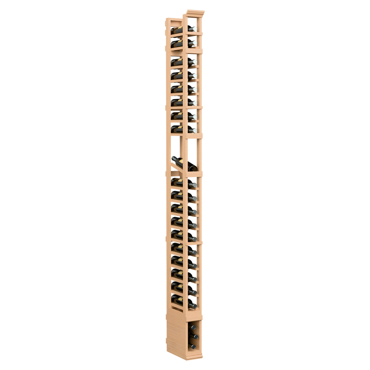8-ft 1-column wood wine bottle display rack, natural light wood with black angled slots
