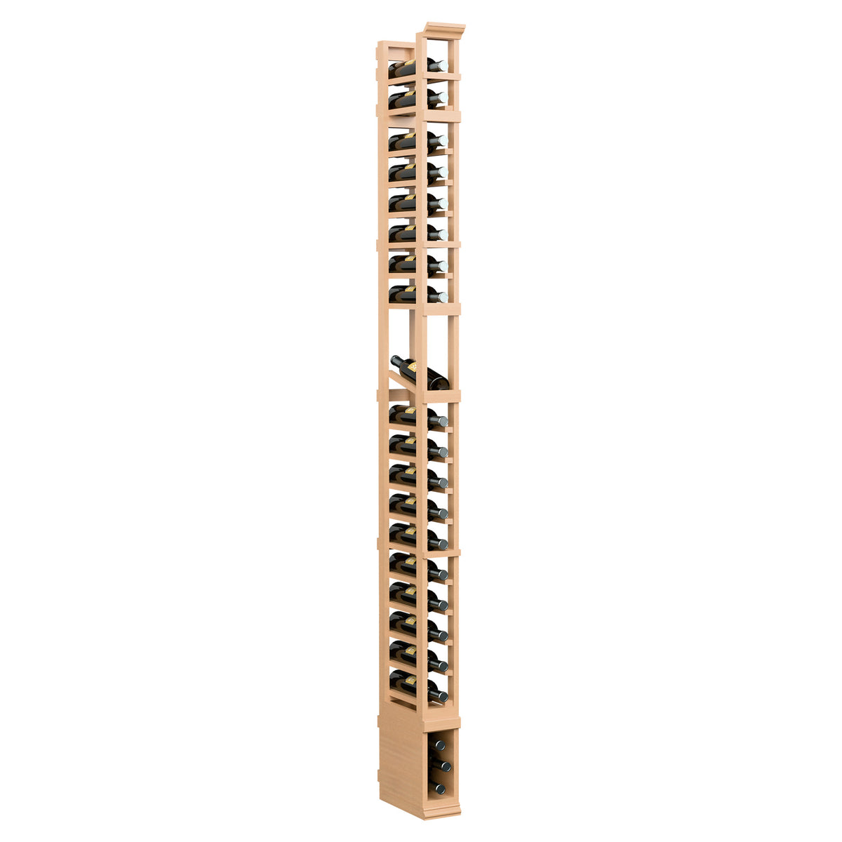 8-ft 1-column wood wine bottle display rack, natural light wood frame with black bottle cradles
