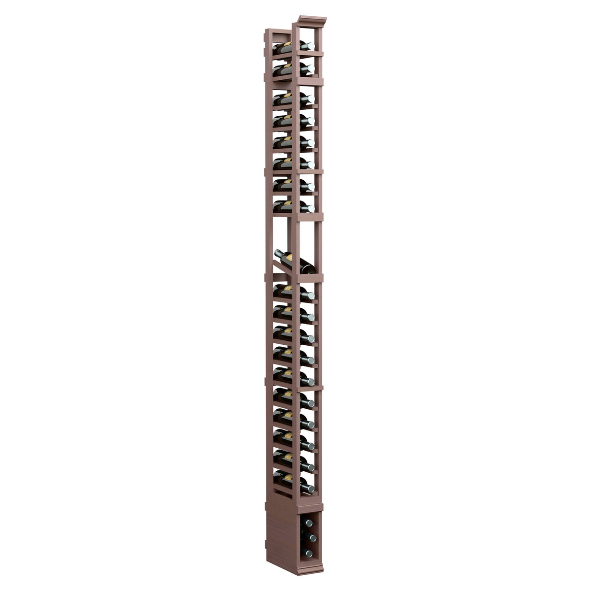 8-ft 1-column wood wine bottle display rack, medium brown finish with black angled bottle slots