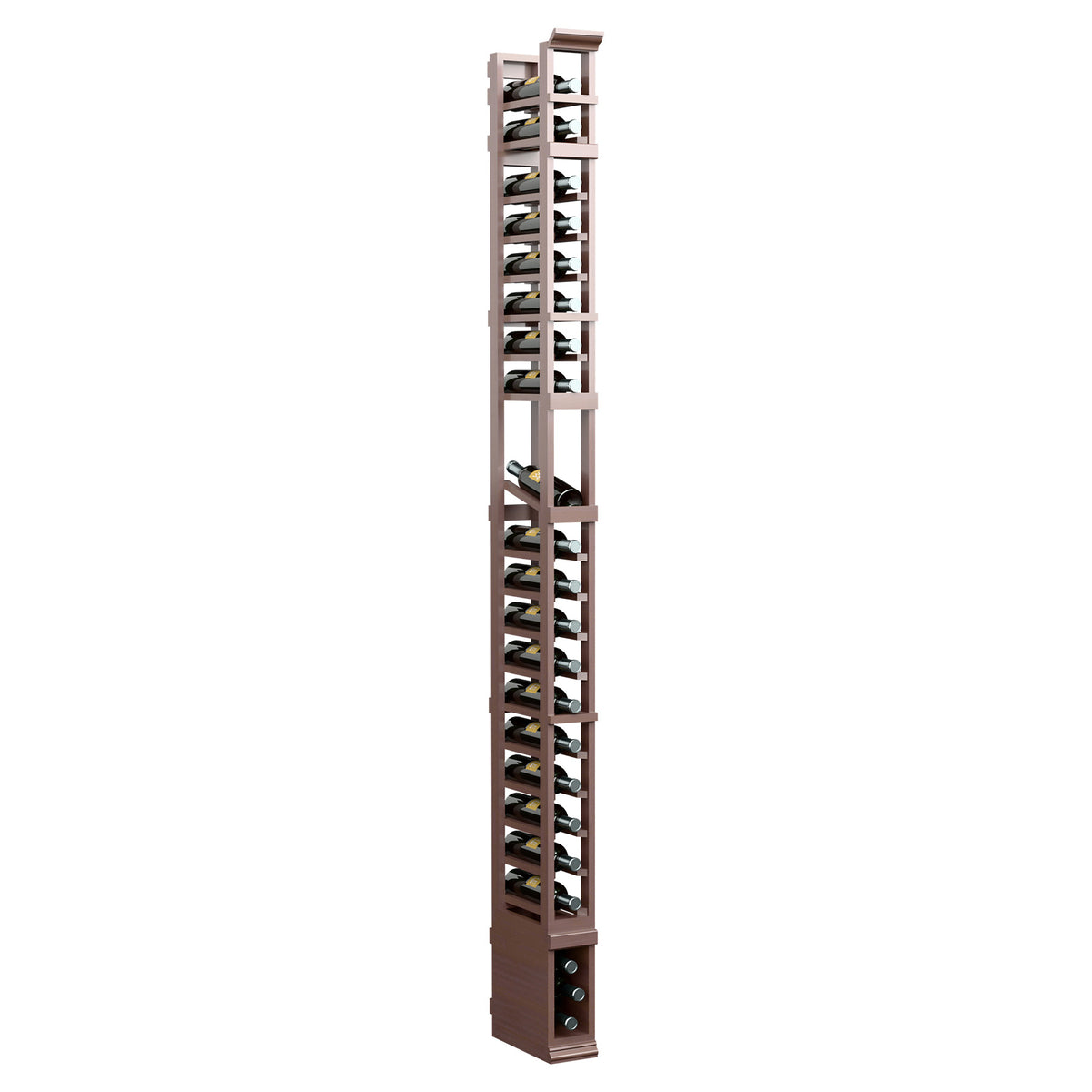 8-ft 1-column wood wine bottle display rack, medium brown wood sides and black bottle supports