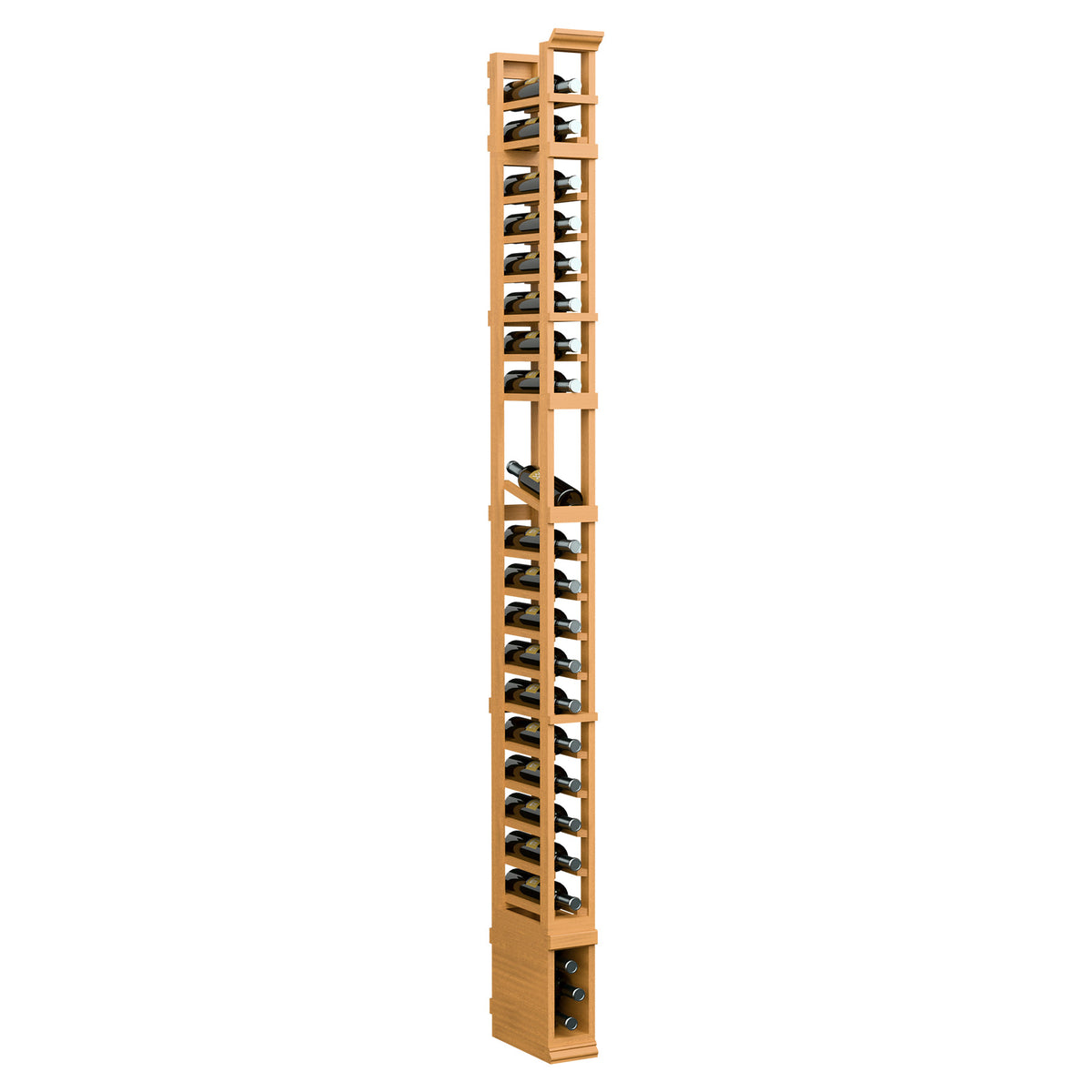 8-ft 1-column wood wine bottle display rack, warm golden wood finish with black bottle cradles