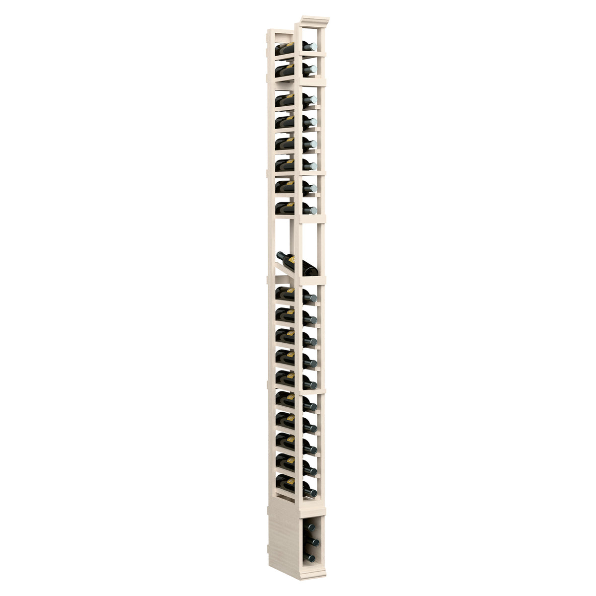 8-ft 1-column wood wine bottle display rack, light white finish with black bottle supports