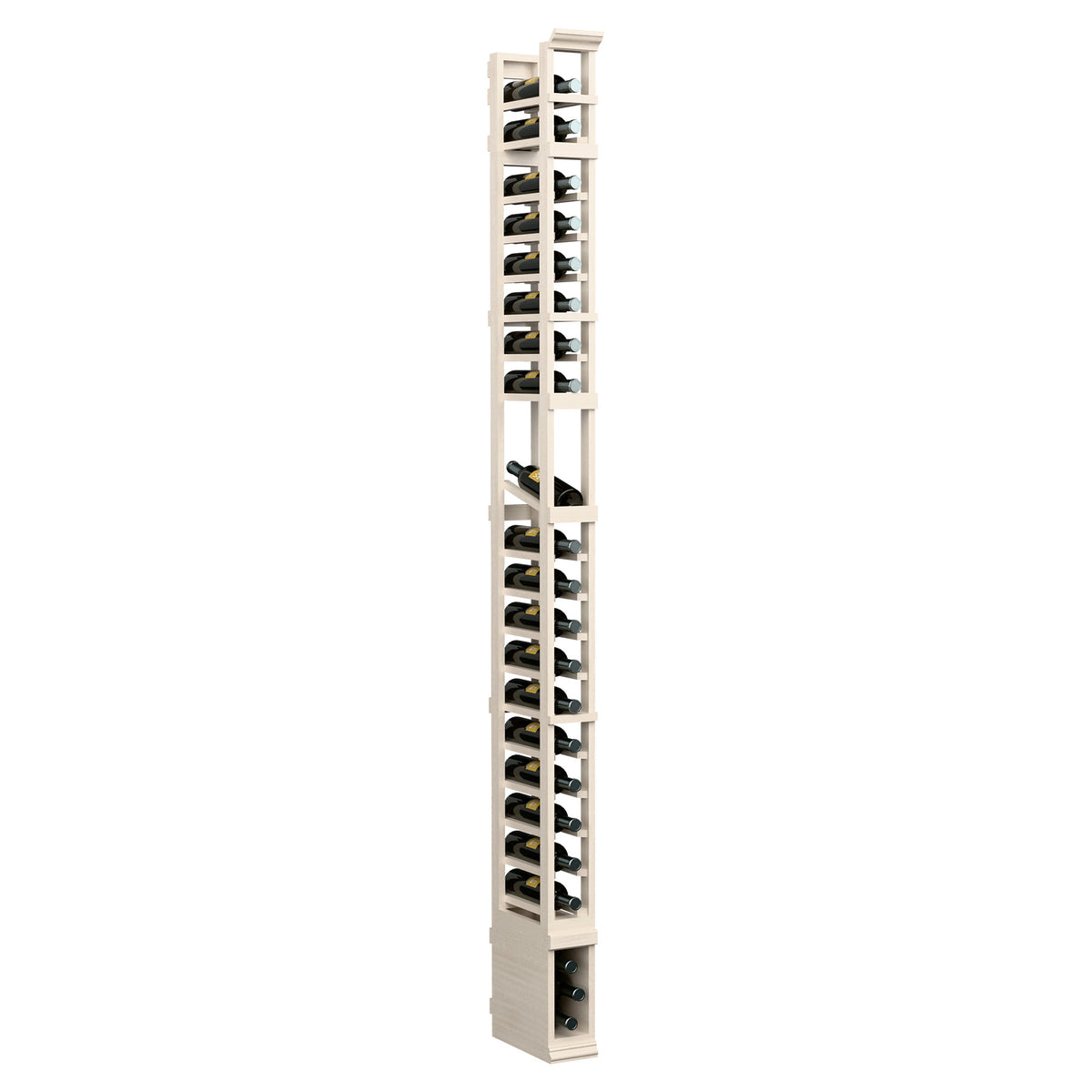 8-ft 1-column wood wine bottle display rack, light white wood frame with black angled slots