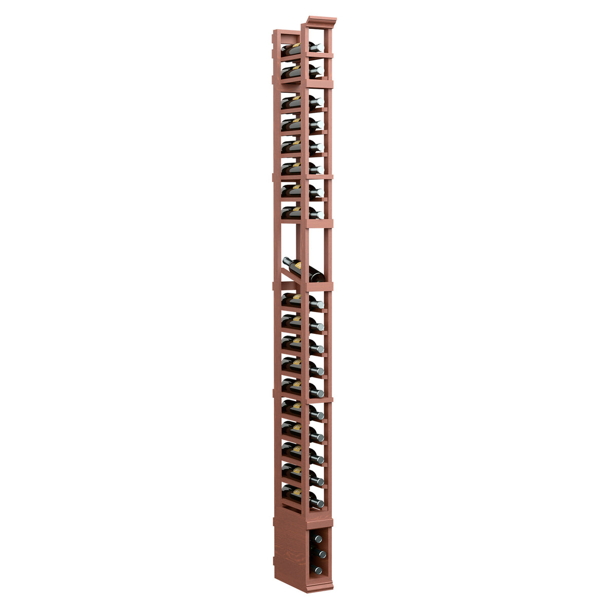 8-ft 1-column display rack with warm reddish wood frame and angled shelf slots